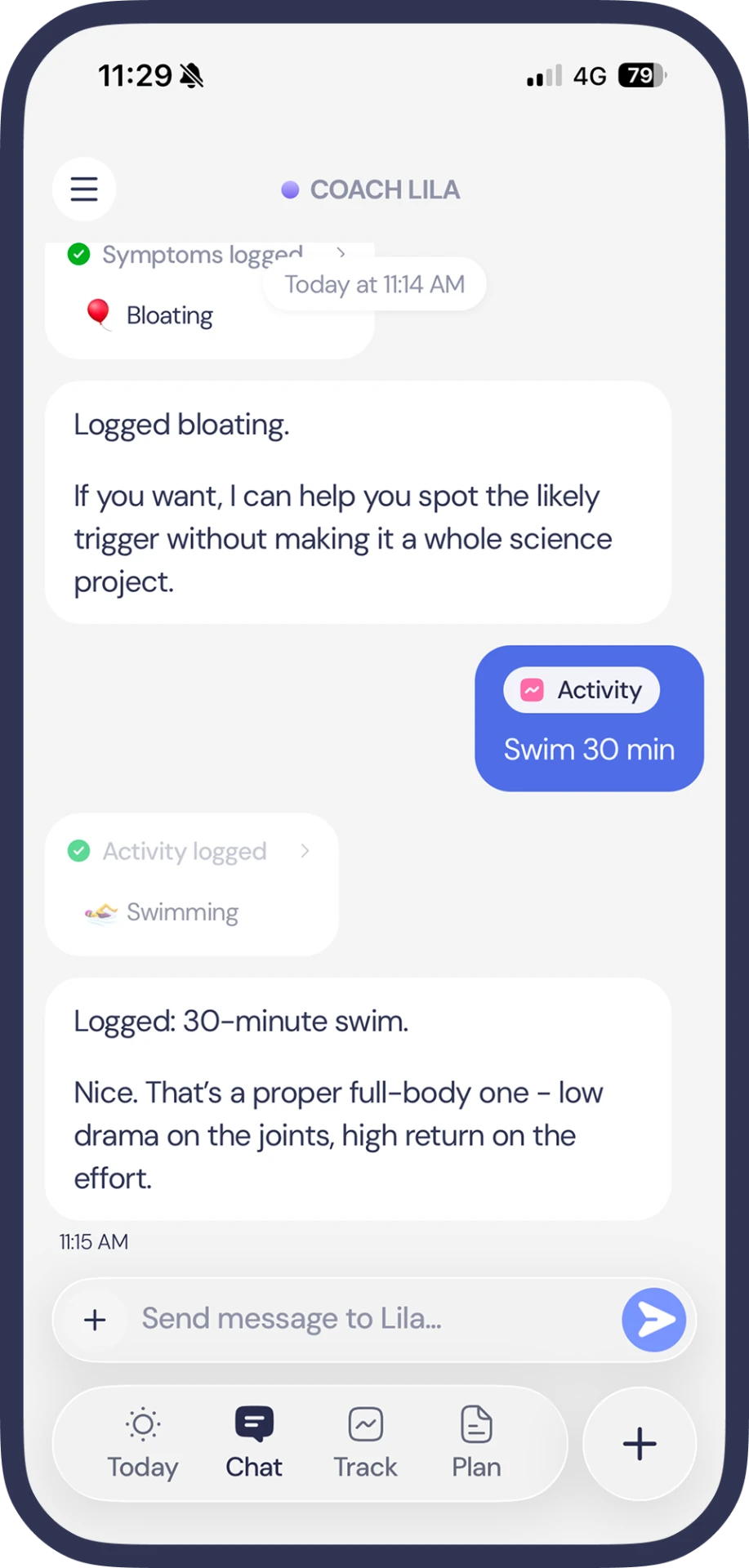 Lila app screen: Chat with a coach who actually gets it
