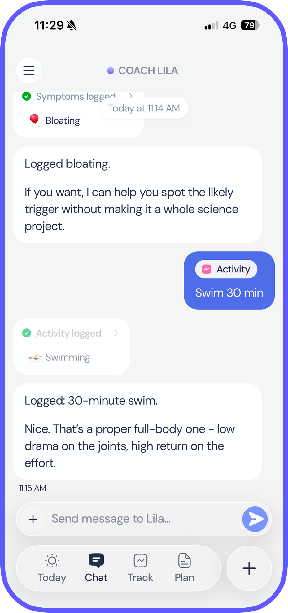 Lila app screen: Chat with a coach who actually gets it