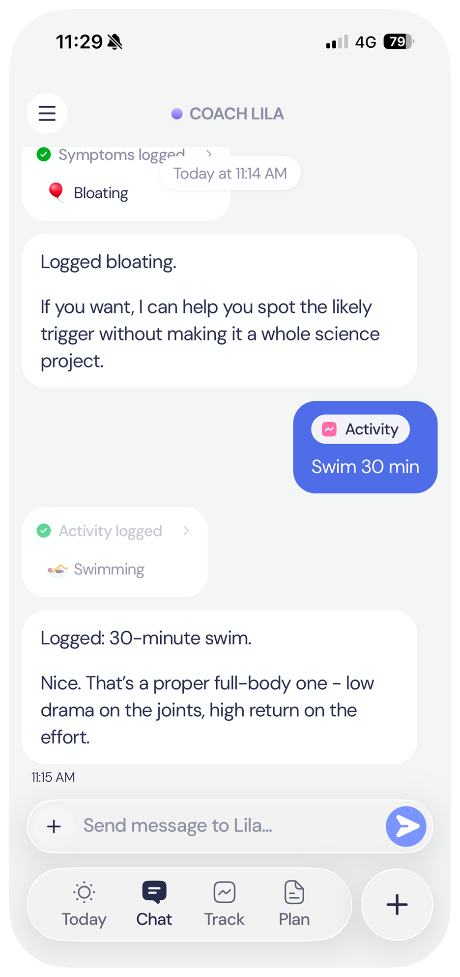 Lila app screen: Chat with a coach who actually gets it