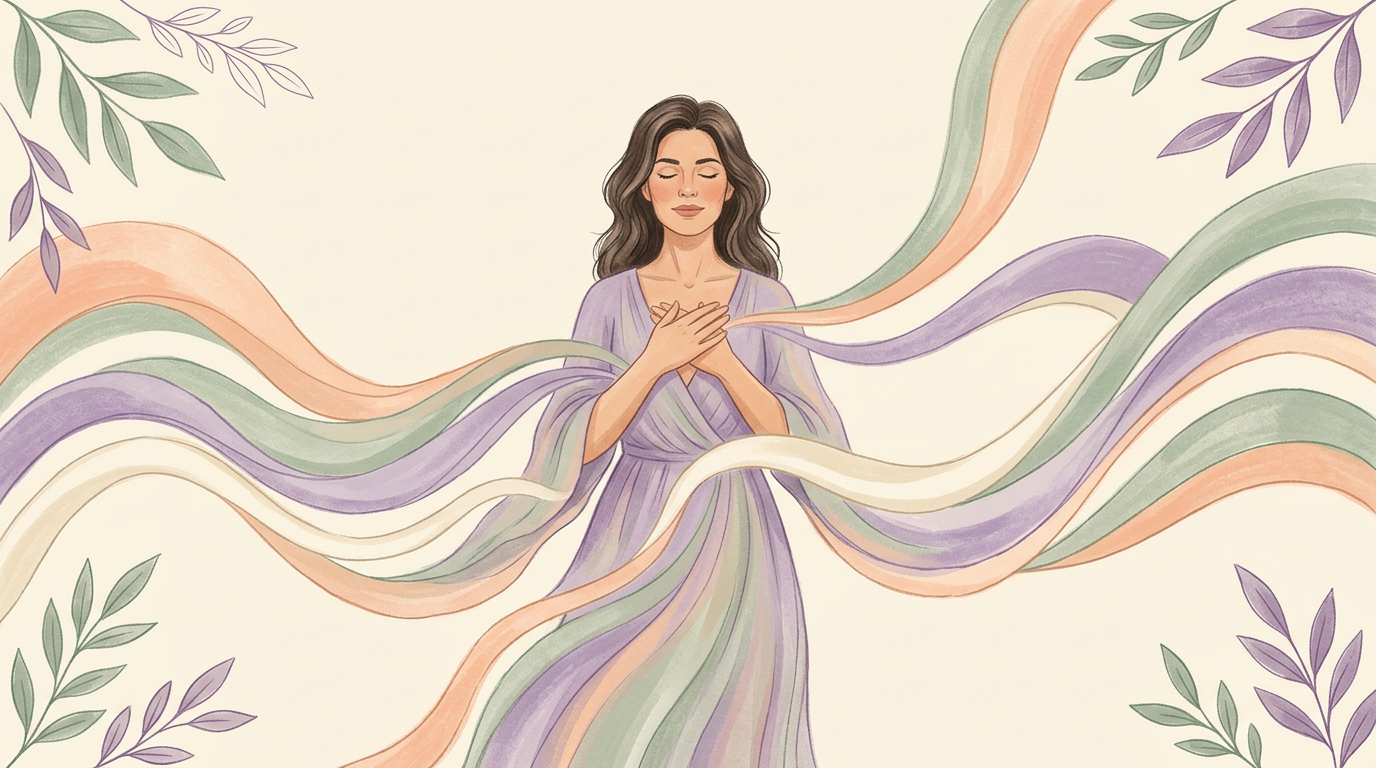 Illustration of a calm woman with flowing pastel ribbons representing fluctuating hormones