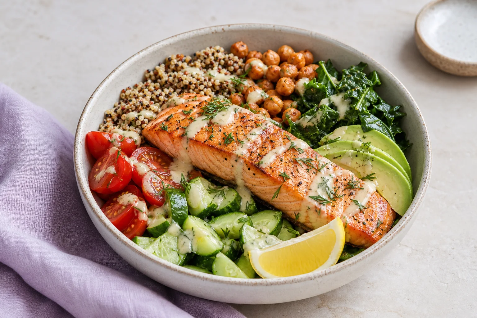 Mediterranean salmon bowl with quinoa, chickpeas, kale, avocado, cucumber and tomatoes